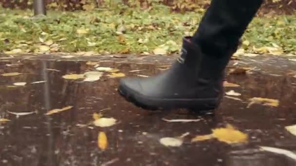 Schwarze Gummistiefel treten auf eine Pfütze und erzeugen einen Spritzer, der herumfliegt. Herbstspaziergang im Waldpark — Stockvideo