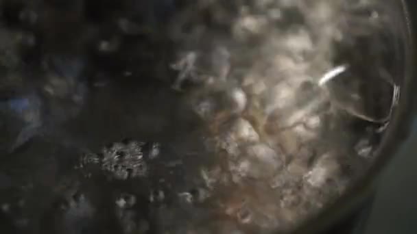 Кип'ятіння води, крупним планом в горщику окропу, бульбашки окропу — стокове відео