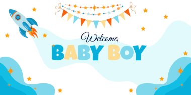 Küçük bir çocuğu doğum gününde kutlamak için uzay roketiyle parlak bir bayrak.