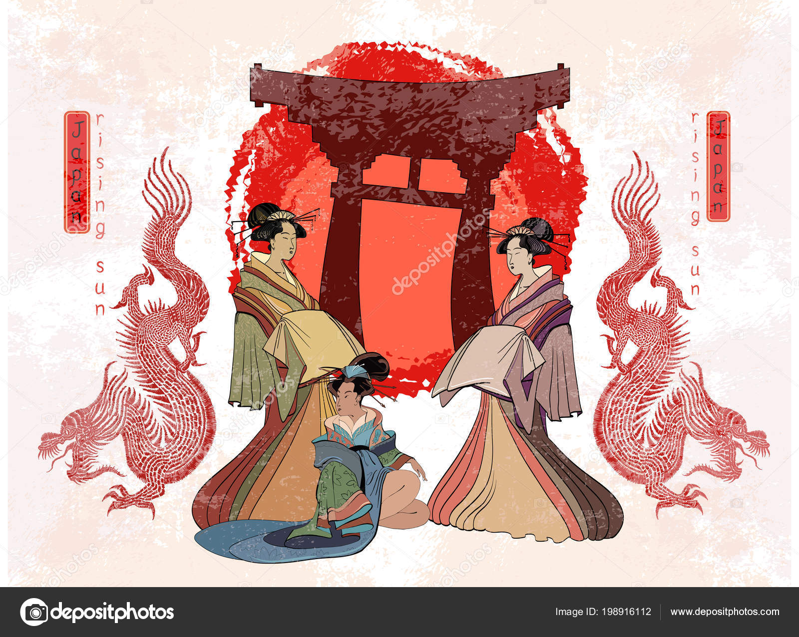 Japan Art Geisha Dragon Asian Culture Traditional Japanese Red Sun Stock Vector Royalty Free Vector Image By C Matriyoshka 198916112