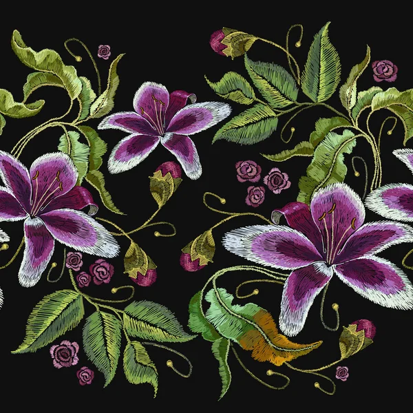 Embroidery violet orchid flowers exotic tropical flowers. Template for clothes, t-shirt design. Beautiful classical embroidery, summer orchids flowers