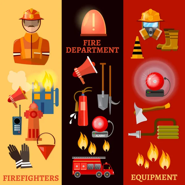 Professional firefighters banners, fire safety, equipment fireman vector art