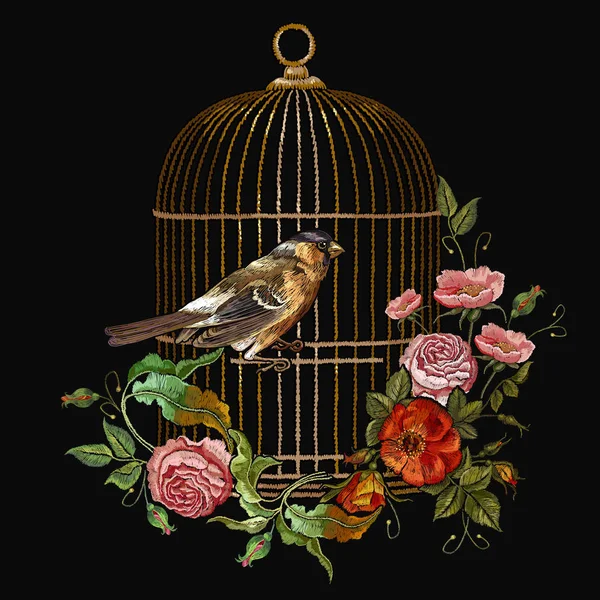 Burung Bordir Dan Sangkar Burung Dan Vektor Bunga Seni Mode Stok Vektor