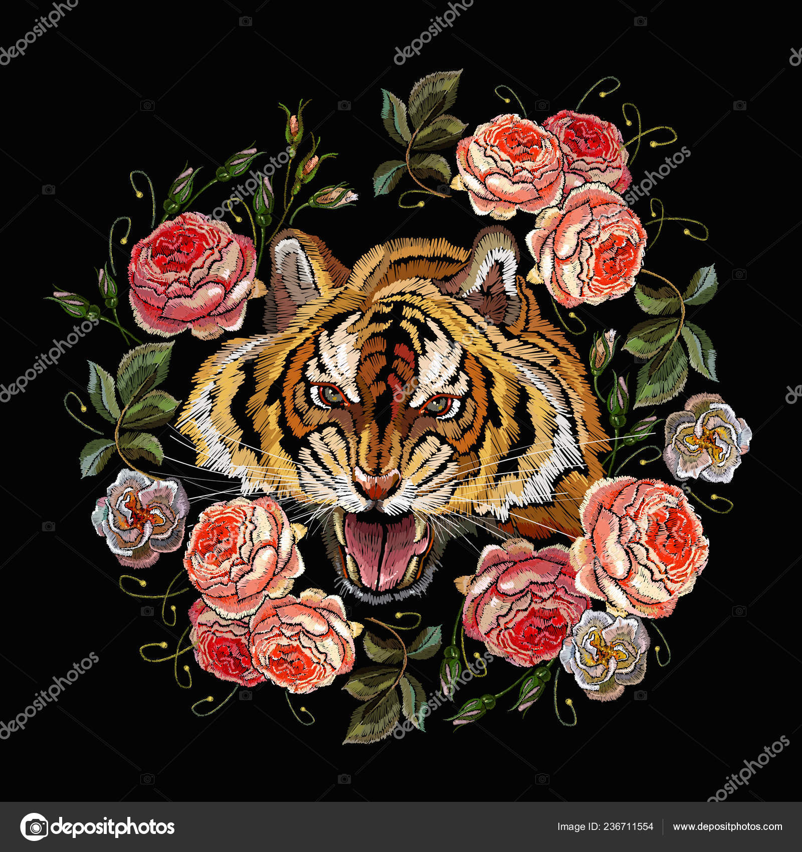 Embroidery Tiger Head Beautiful Roses Flowers Clothes Textile Design Template Stock Vector Image By C Matriyoshka 236711554