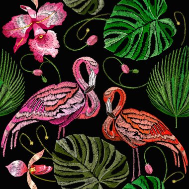 Flamingo Machine Embroidery Design Pink Flamingo Embroidery Pattern Exotic Green Leaves Embroidery Design Palm Leaf Embroidery Design