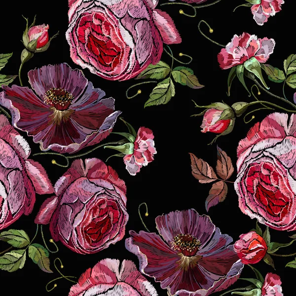 Embroidery violet flowers and pink roses flowers seamless pattern. Fashion template for clothes, textiles, t-shirt design