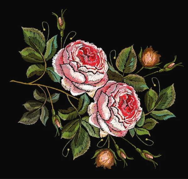 Broderie classique vintage bourgeons de roses sur fond noir — Image vectorielle