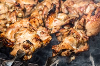 Metal şişte pişen ızgara kebap. Barbeküde pişmiş et. Barbekü taze et dilimleri. Geleneksel doğu yemeği, şiş kebap. Kömür ve alevler üzerine ızgara, piknik, sokak yemekleri