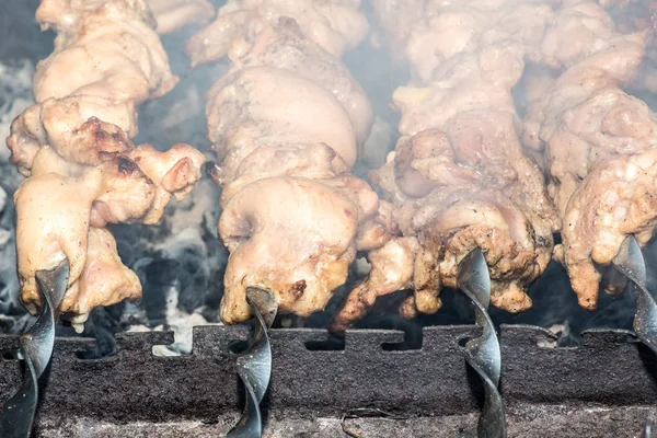 Metal şiş portre üzerinde yemek ızgara kebap. Panjur kömür ve alev, piknik, sokak gıda. tavuk şiş kebap pişirme işlemi