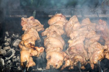 Metal şişte pişen ızgara kebap. Barbeküde pişmiş et. Barbekü taze et dilimleri. Geleneksel doğu yemeği, şiş kebap. Kömür ve alevler üzerine ızgara, piknik, sokak yemekleri
