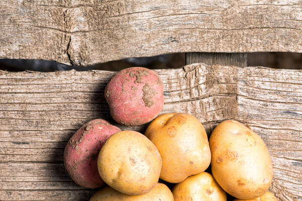 Raw potato food . Potatoes in an old box on a wooden table . Free space for text. Top view