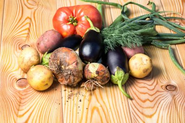 Farklı taze çiğ renkli sebze yakın açık renkli ahşap tepsi kümesi