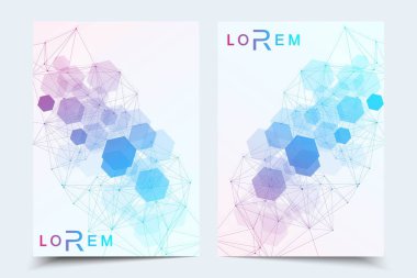 İş şablonları broşür, dergi, broşür, el ilanı, kapak, kitapçık, faaliyet raporu. Tıp, teknoloji, Kimya için bilimsel kavram. Altıgen molekül yapısı. DNA, atom, nöronlar