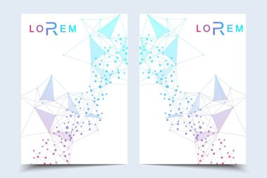 Bilimsel broşür tasarım şablonu. Vektör broşürü düzeni, birbirine bağlı çizgiler ve noktalarla moleküler yapı. Dergi, broşür, kapak, poster tasarımı için elementleri olan bilimsel desenli atom DNA 'sı.