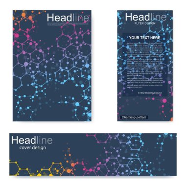 Broşür, A4 şablonu, afiş ayarla. Birbirine bağlı çizgiler ve noktalar olan moleküler yapı. Dergi, broşür, kapak, poster tasarımı için elementleri olan bilimsel desenli atom DNA 'sı.