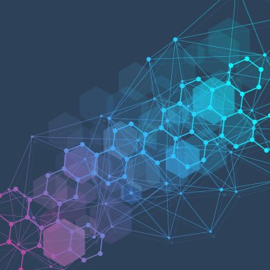 Bilimsel altıgen kalıbın modern fütüristik arka planı. Parçacık, tıbbi, teknoloji, kimya ve bilim için molekül yapısına sahip sanal soyut bir arka plan. Sosyal ağ vektörü.