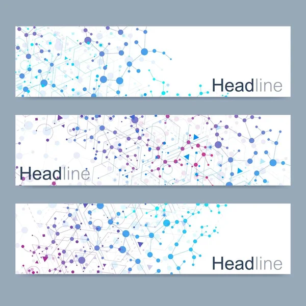 现代向量横幅的科学设置。Dna 分子的结构与连接的线和点。科学向量背景。医疗、 技术，化学设计. — 图库矢量图片
