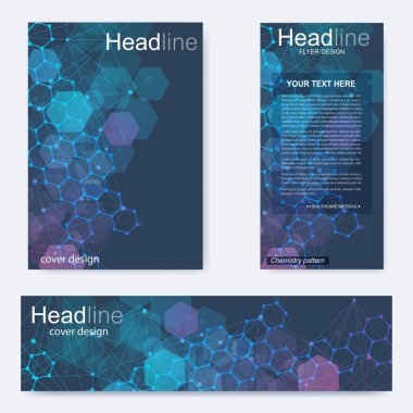 Broşür, A4 şablonu, afiş ayarla. Birbirine bağlı çizgiler ve noktalar olan moleküler yapı. Dergi, broşür, kapak, poster tasarımı için elementleri olan bilimsel desenli atom DNA 'sı.