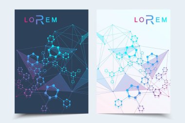 İş şablonları broşür, dergi, broşür, el ilanı, kapak, kitapçık, faaliyet raporu. Tıp, teknoloji, Kimya için bilimsel kavram. Altıgen molekül yapısı. DNA, atom, nöronlar