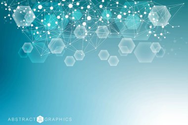 Bilimsel altıgen kalıbın modern fütüristik arka planı. Parçacık, tıbbi, teknoloji, kimya ve bilim için molekül yapısına sahip sanal soyut bir arka plan. Sosyal ağ vektörü.