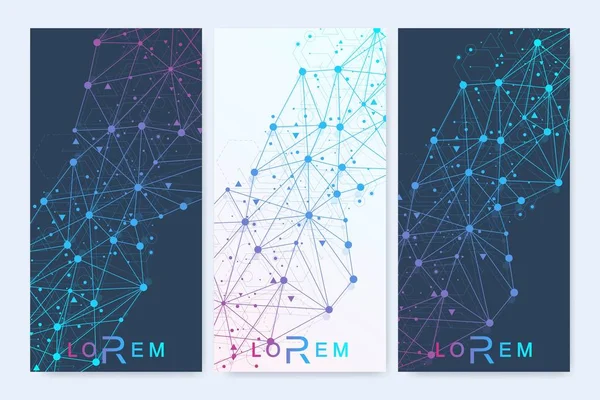 Modern uppsättning vektorflygblad, banderoller. Geometrisk abstrakt presentation. Molekyl- och kommunikationsbakgrund för medicin, vetenskap, teknik, kemi. — Stock vektor