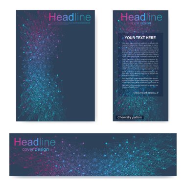 Broşür, A4 şablonu, afiş ayarla. Birbirine bağlı çizgiler ve noktalar olan moleküler yapı. Dergi, broşür, kapak, poster tasarımı için elementleri olan bilimsel desenli atom DNA 'sı.