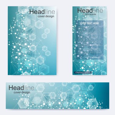 Broşür, A4 şablonu, afiş ayarla. Birbirine bağlı çizgiler ve noktalar olan moleküler yapı. Dergi, broşür, kapak, poster tasarımı için elementleri olan bilimsel desenli atom DNA 'sı.