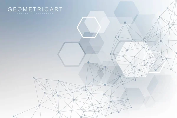 Modello di rete scientifica, linee di connessione e punti. Tecnologia esagoni struttura o elementi di connessione molecolare. — Vettoriale Stock