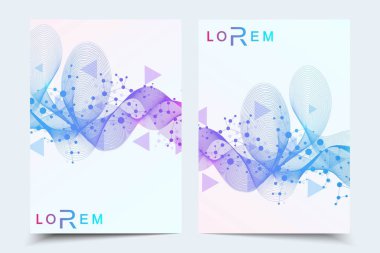 En az broşür şablonları, dergi, broşür, el ilanı, kapak, kitapçık, faaliyet raporu, banner. Tıp, teknoloji, Kimya için bilimsel kavram. Altıgen molekül yapısı. DNA, atom, nöronlar.