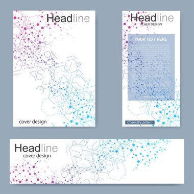 Broşür, A4 şablonu, afiş ayarla. Birbirine bağlı çizgiler ve noktalar olan moleküler yapı. Dergi, broşür, kapak, poster tasarımı için elementleri olan bilimsel desenli atom DNA 'sı.