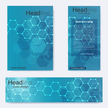 Broşür, A4 şablonu, afiş ayarla. Birbirine bağlı çizgiler ve noktalar olan moleküler yapı. Dergi, broşür, kapak, poster tasarımı için elementleri olan bilimsel desenli atom DNA 'sı.