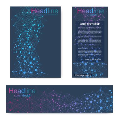 Broşür, A4 şablonu, afiş ayarla. Birbirine bağlı çizgiler ve noktalar olan moleküler yapı. Dergi, broşür, kapak, poster tasarımı için elementleri olan bilimsel desenli atom DNA 'sı.