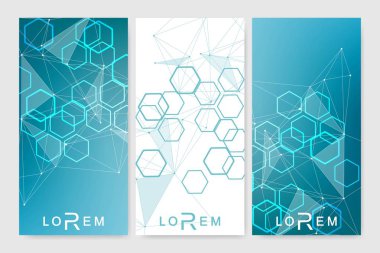 Modern vektör pankartlarının bilimsel seti. Birbirine bağlı çizgiler ve noktalar olan DNA molekül yapısı. Bilimsel ve teknoloji konsepti. Tasarımınız için dalga akış grafik arkaplanı. Vektör illüstrasyonu.