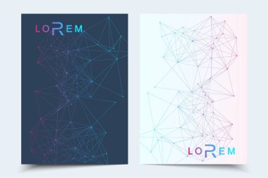 En az broşür şablonları, dergi, broşür, el ilanı, kapak, kitapçık, faaliyet raporu, banner. Tıp, teknoloji, Kimya için bilimsel kavram. Altıgen molekül yapısı. DNA, atom, nöronlar.