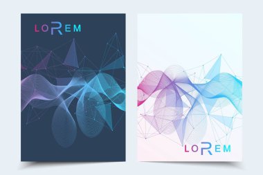 Bilimsel broşür tasarım şablonu. Vektör broşürü düzeni, birbirine bağlı çizgiler ve noktalarla moleküler yapı. Dergi, broşür, kapak, poster tasarımı için elementleri olan bilimsel desenli atom DNA 'sı.