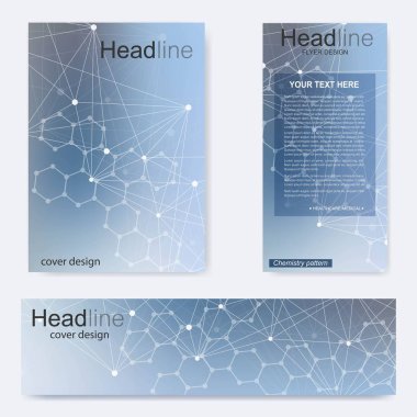 Broşür, A4 şablonu, afiş ayarla. Birbirine bağlı çizgiler ve noktalar olan moleküler yapı. Dergi, broşür, kapak, poster tasarımı için elementleri olan bilimsel desenli atom DNA 'sı.