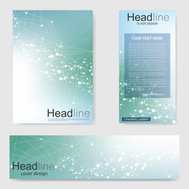 Broşür, A4 şablonu, afiş ayarla. Birbirine bağlı çizgiler ve noktalar olan moleküler yapı. Dergi, broşür, kapak, poster tasarımı için elementleri olan bilimsel desenli atom DNA 'sı.