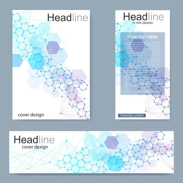 Broşür, A4 şablonu, afiş ayarla. Birbirine bağlı çizgiler ve noktalar olan moleküler yapı. Dergi, broşür, kapak, poster tasarımı için elementleri olan bilimsel desenli atom DNA 'sı.