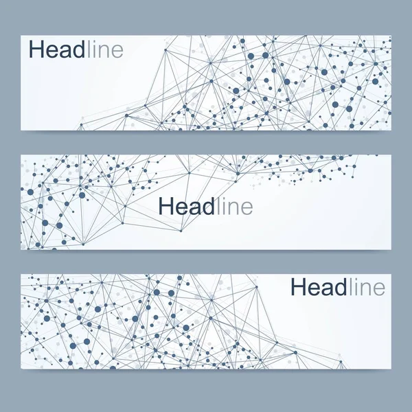 Vědecká sada moderní vektorové bannery. Struktura molekuly DNA s čárami a tečkami. Věda vektorové pozadí. Lékařská, tecnology, chemie design. — Stockový vektor