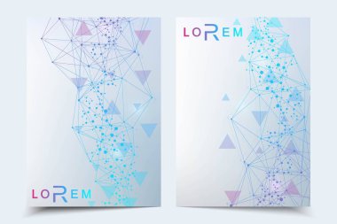 Bilimsel broşür tasarım şablonu. Vektör broşürü düzeni, birbirine bağlı çizgiler ve noktalarla moleküler yapı. Dergi, broşür, kapak, poster tasarımı için elementleri olan bilimsel desenli atom DNA 'sı.