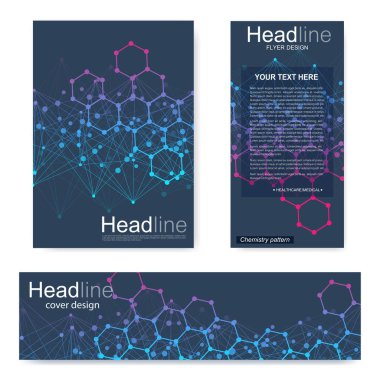 Broşür, A4 şablonu, afiş ayarla. Birbirine bağlı çizgiler ve noktalar olan moleküler yapı. Dergi, broşür, kapak, poster tasarımı için elementleri olan bilimsel desenli atom DNA 'sı.