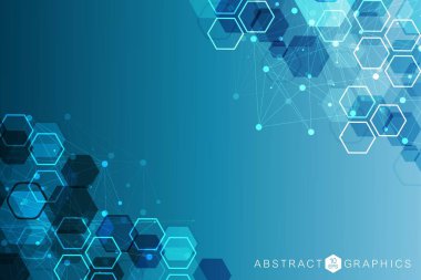 Bilimsel altıgen kalıbın modern fütüristik arka planı. Parçacık, tıbbi, teknoloji, kimya ve bilim için molekül yapısına sahip sanal soyut bir arka plan. Sosyal ağ vektörü