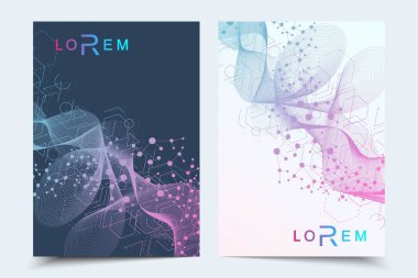 Bilimsel broşür tasarım şablonu. Vektör broşürü düzeni, birbirine bağlı çizgiler ve noktalarla moleküler yapı. Dergi, broşür, kapak, poster tasarımı için elementleri olan bilimsel desenli atom DNA 'sı.