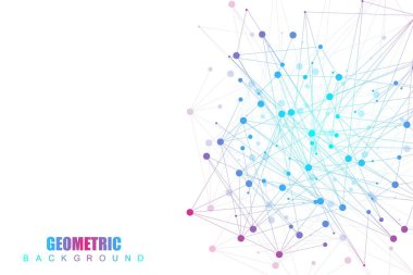 Bağlı çizgi ve noktalarla Geometrik soyut arkaplan. Yapı molekülü ve iletişim. Büyük Veri Görselleştirme. Tıp, teknoloji, bilim geçmişi. Vektör illüstrasyonu