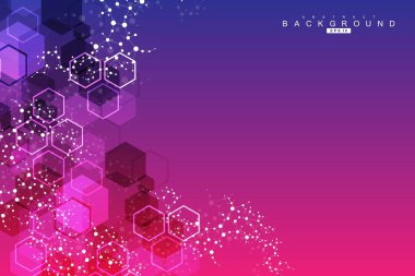 Bilimsel altıgen kalıbın modern fütüristik arka planı. Parçacık, tıbbi, teknoloji, kimya ve bilim için molekül yapısına sahip sanal soyut bir arka plan. Sosyal ağ vektörü
