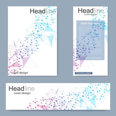 Broşür, A4 şablonu, afiş ayarla. Birbirine bağlı çizgiler ve noktalar olan moleküler yapı. Dergi, broşür, kapak, poster tasarımı için elementleri olan bilimsel desenli atom DNA 'sı.