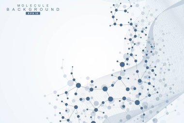 Yapı molekülü ve iletişim. DNA, atom, nöronlar. Tasarımınız için bilimsel bir kavram. Noktalarla birleştirilmiş çizgiler. Tıp, teknoloji, kimya, bilim geçmişi. Vektör illüstrasyonu.