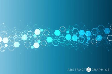 Bilimsel altıgen kalıbın modern fütüristik arka planı. Parçacık, tıbbi, teknoloji, kimya ve bilim için molekül yapısına sahip sanal soyut bir arka plan. Sosyal ağ vektörü