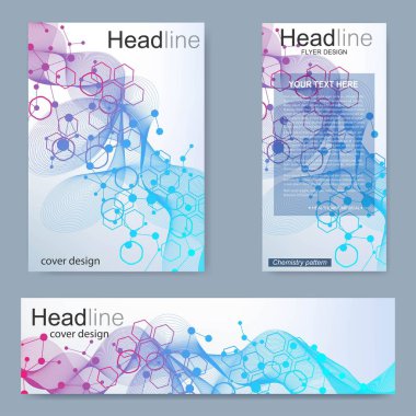 Broşür, A4 şablonu, afiş ayarla. Birbirine bağlı çizgiler ve noktalar olan moleküler yapı. Dergi, broşür, kapak, poster tasarımı için elementleri olan bilimsel desenli atom DNA 'sı.