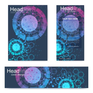 Broşür, A4 şablonu, afiş ayarla. Birbirine bağlı çizgiler ve noktalar olan moleküler yapı. Dergi, broşür, kapak, poster tasarımı için elementleri olan bilimsel desenli atom DNA 'sı.